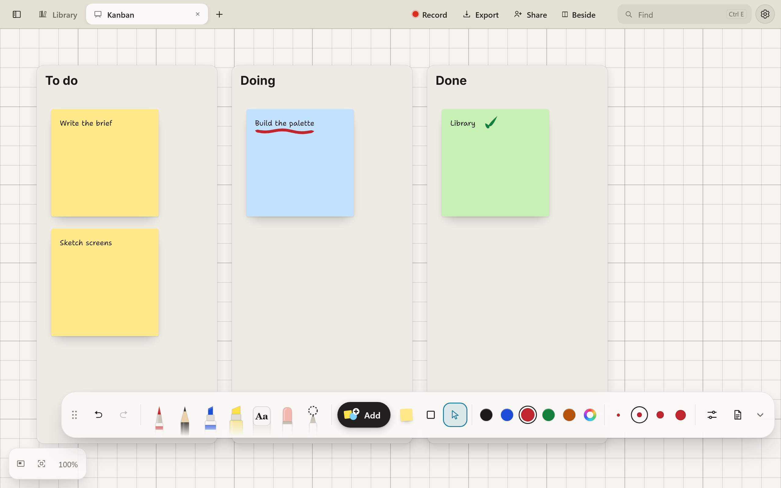 A kanban whiteboard with To do, Doing and Done columns of sticky notes, a green tick by the note in Done, and the tools lying across the bottom of the screen in one long row.