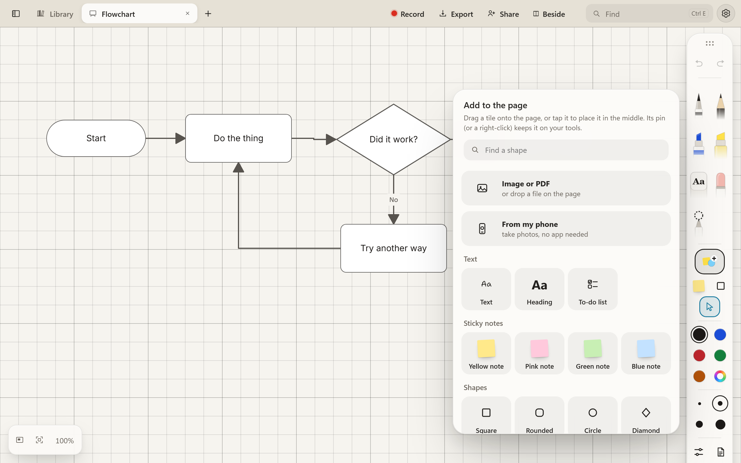 The flowchart whiteboard with Add open beside the tools: a search box for shapes, Image or PDF, then tiles for text, a heading and a to-do list, yellow, pink, green and blue sticky notes, and squares, circles, diamonds and arrows.