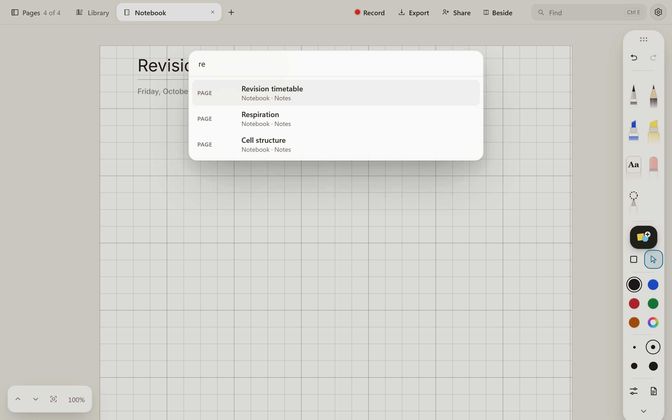 Jump to, open over a notebook with re typed in it, offering three pages: Revision timetable, Respiration and Cell structure.