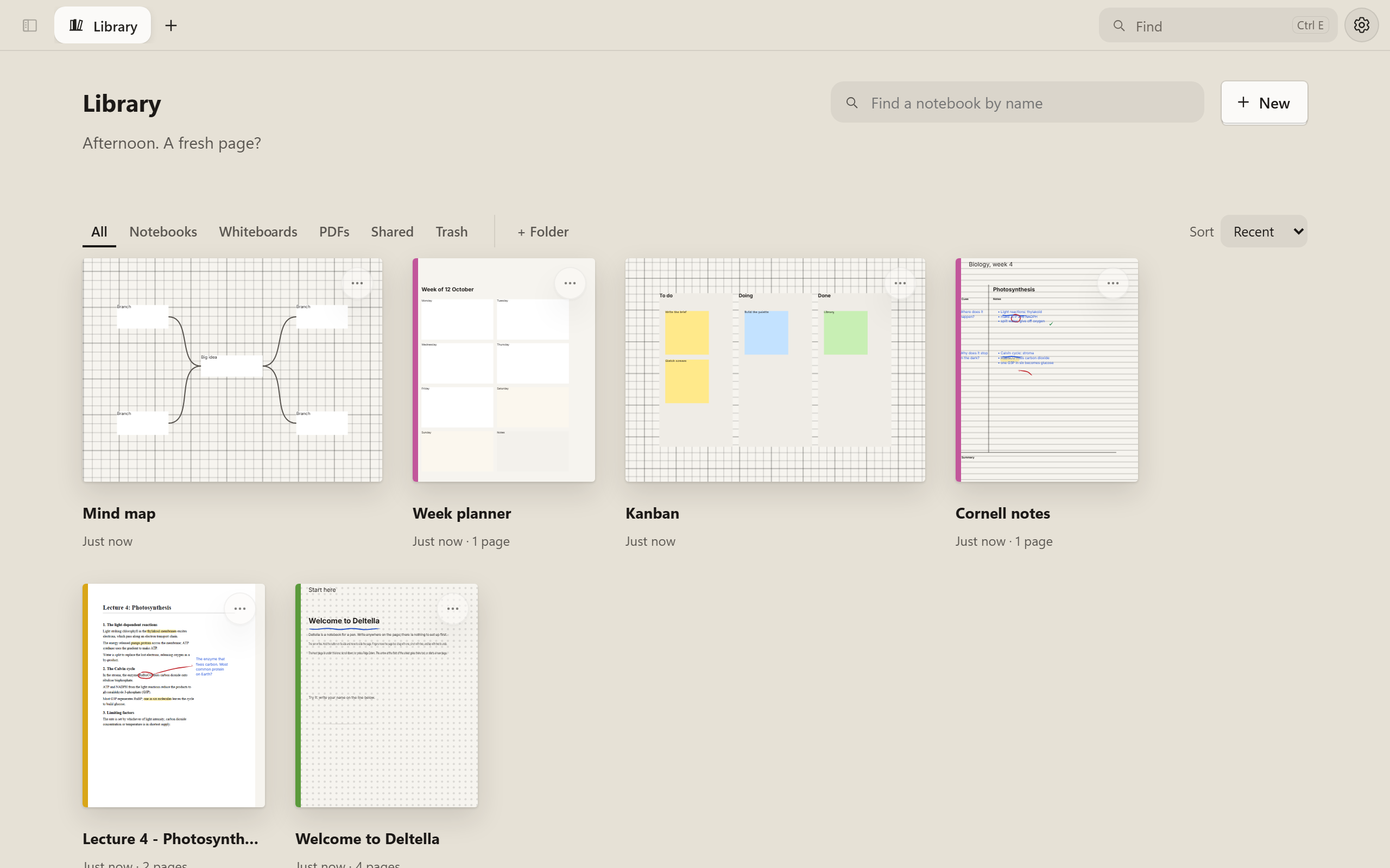 The Library: a mind map, a week planner, a kanban board, the Cornell notes on photosynthesis, the annotated lecture handout and the Welcome to Deltella notebook, each as a picture of its first page, with All, Notebooks, Whiteboards, PDFs, Shared and Trash along the top.