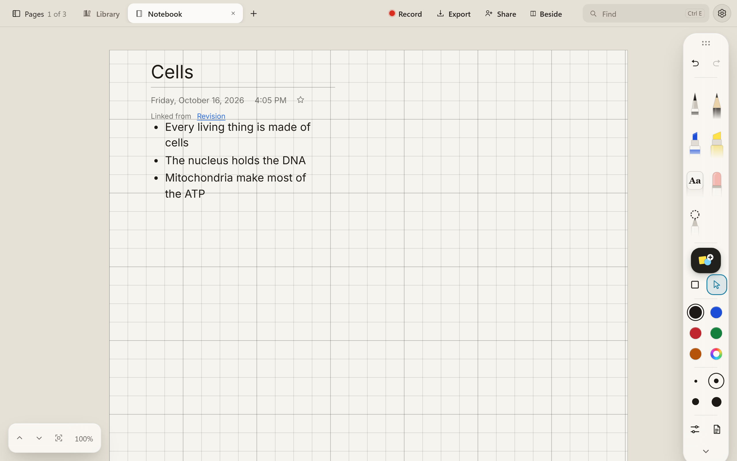 A notebook page titled Cells, with three typed notes about cells. Under the date it says Linked from Revision, with Revision as a link back.