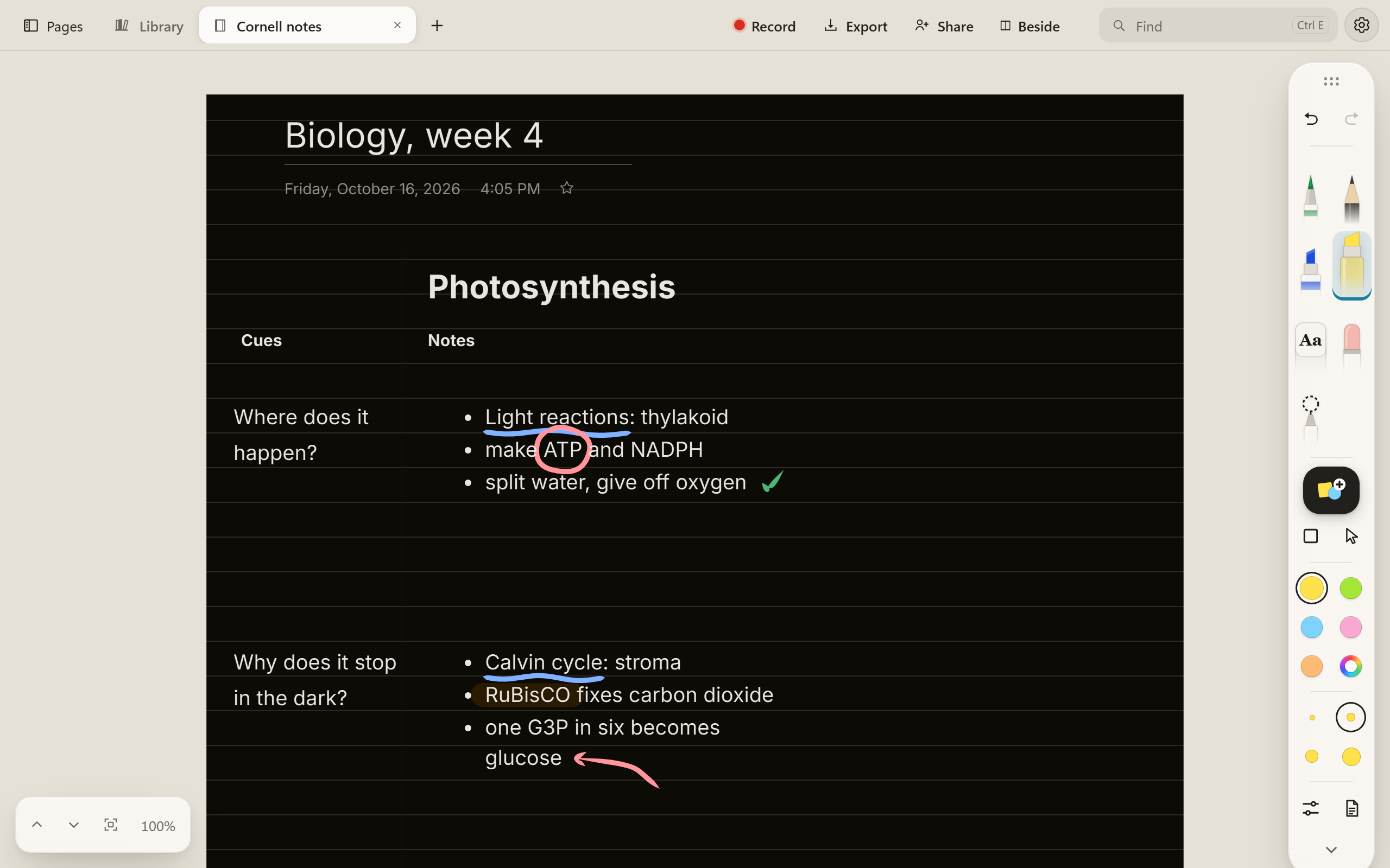 The Cornell notes on photosynthesis with Night page on: black paper and white typed notes, with the blue underlines, the red circle round ATP, the green tick, the red arrow and the highlighted RuBisCO still in colour, and the light desk and tools round it.