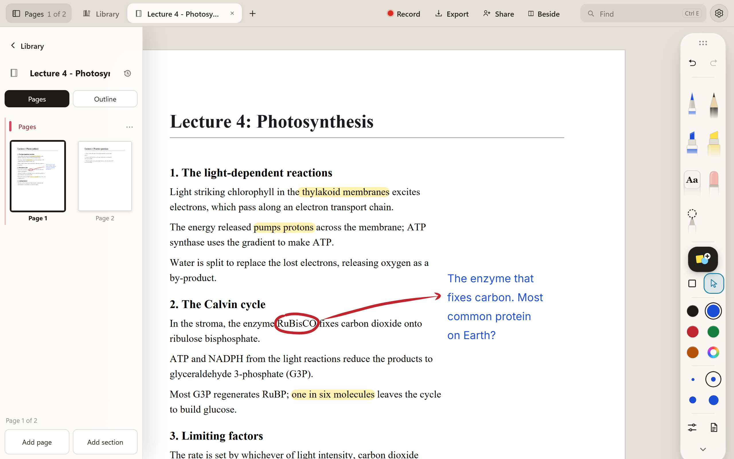 The annotated handout with Pages open on the left: the notebook’s name, Pages and Outline, small pictures of page 1, with its highlights and red circle visible, and page 2, and Add page and Add section at the foot.