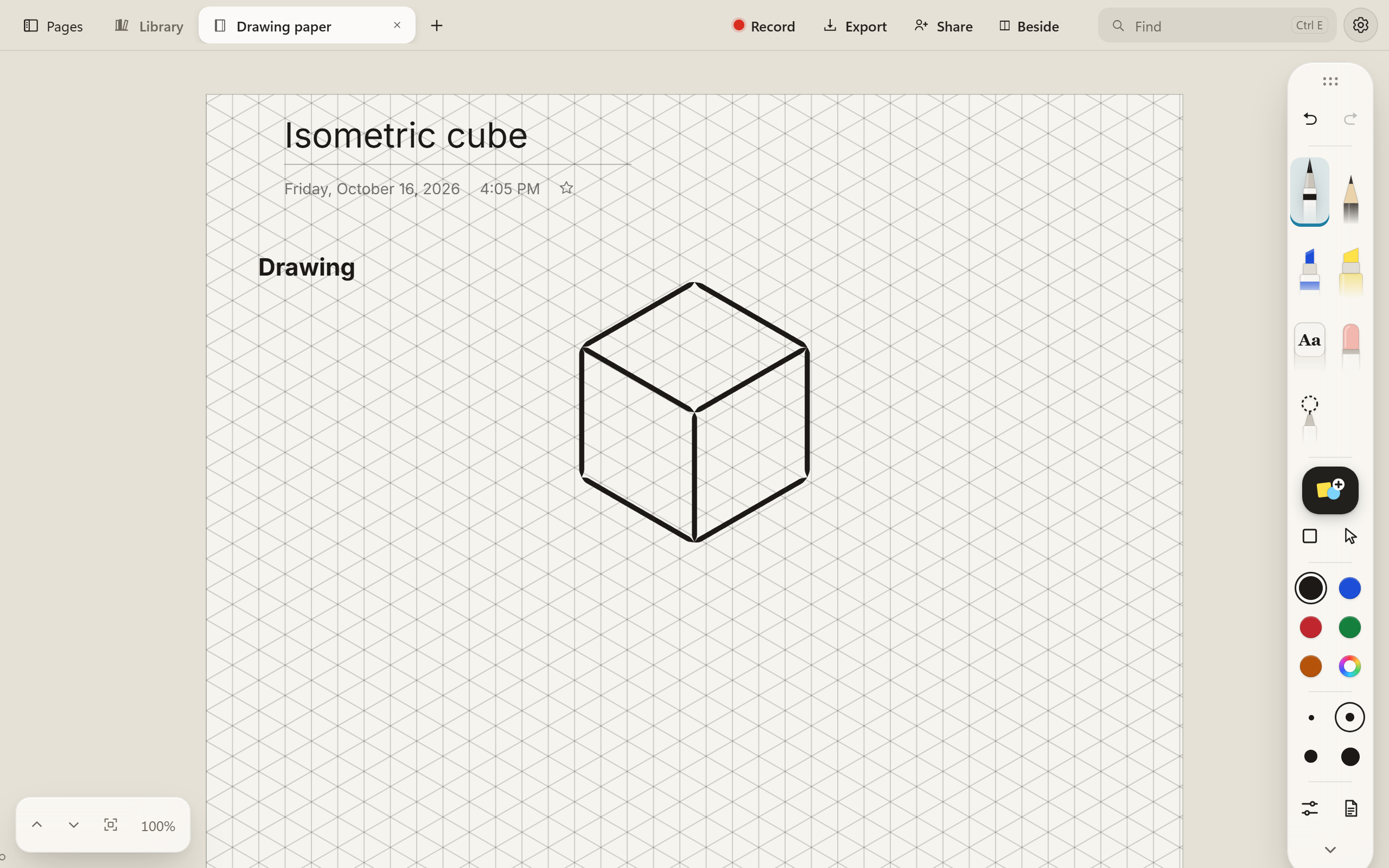 A page of isometric paper, a fine grid of triangles, titled Isometric cube, with a cube drawn in black pen along its lines.