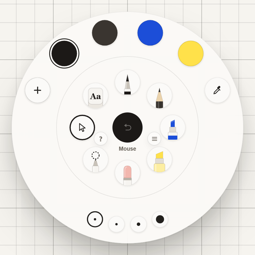 The ring open on a whiteboard, on a pale frosted disc over the grid: undo in the dark centre, then the pen, pencil, marker, highlighter, eraser, lasso, select and type in a circle round it, four colours across the top with Add and a colour dropper at either side, and four sizes along the foot.