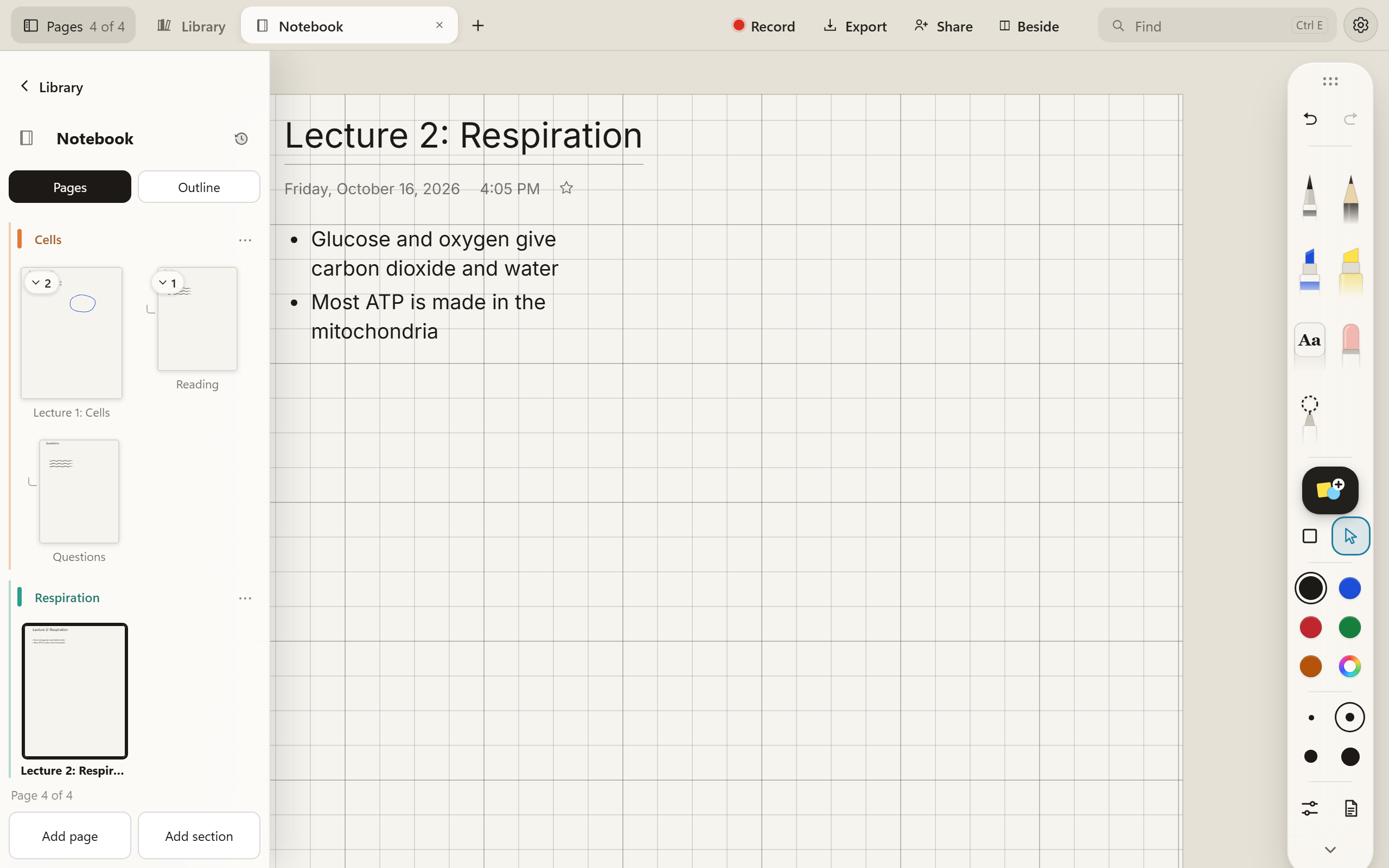 A notebook with Pages open. An orange section called Cells holds Lecture 1: Cells with Reading and Questions as subpages under it, and a teal section called Respiration holds Lecture 2: Respiration, which is open beside it with two typed notes.
