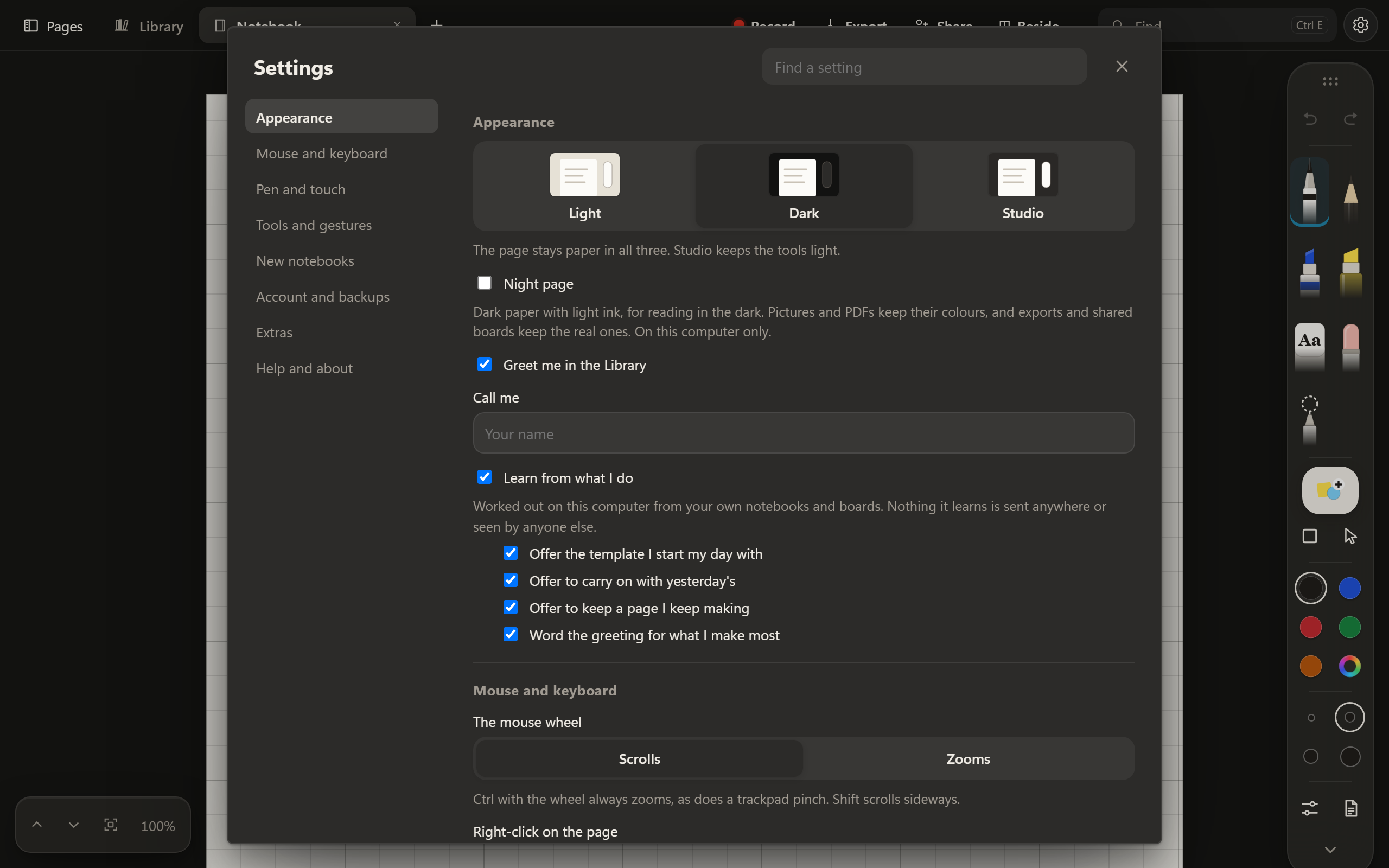 Settings in the Dark look, at Appearance: Light, Dark and Studio as small pictures of themselves, with Dark chosen, then Night page, Greet me in the Library, Call me, and Learn from what I do with its four switches, and the mouse wheel below.