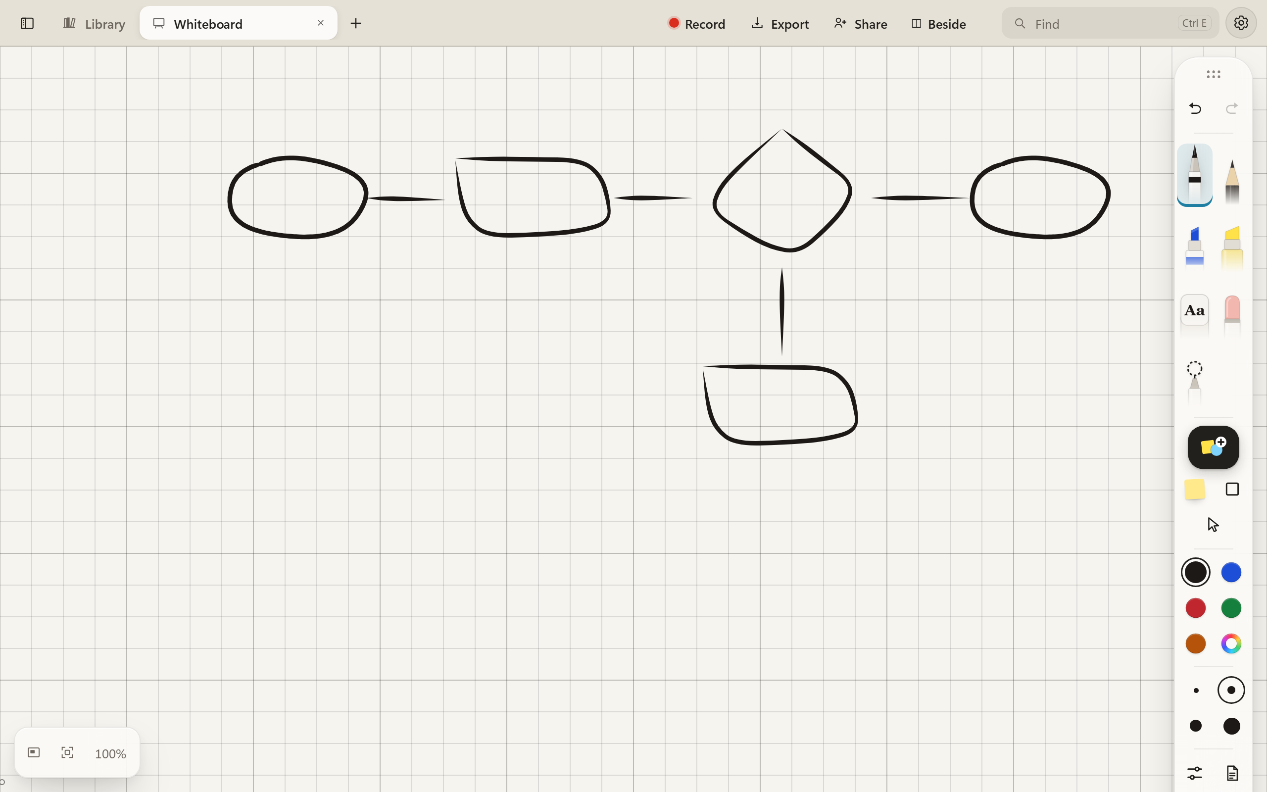 A whiteboard with a rough flowchart drawn in black pen: an oval, a box, a diamond and another oval in a row, joined by short lines, with a line down from the diamond to a second box.