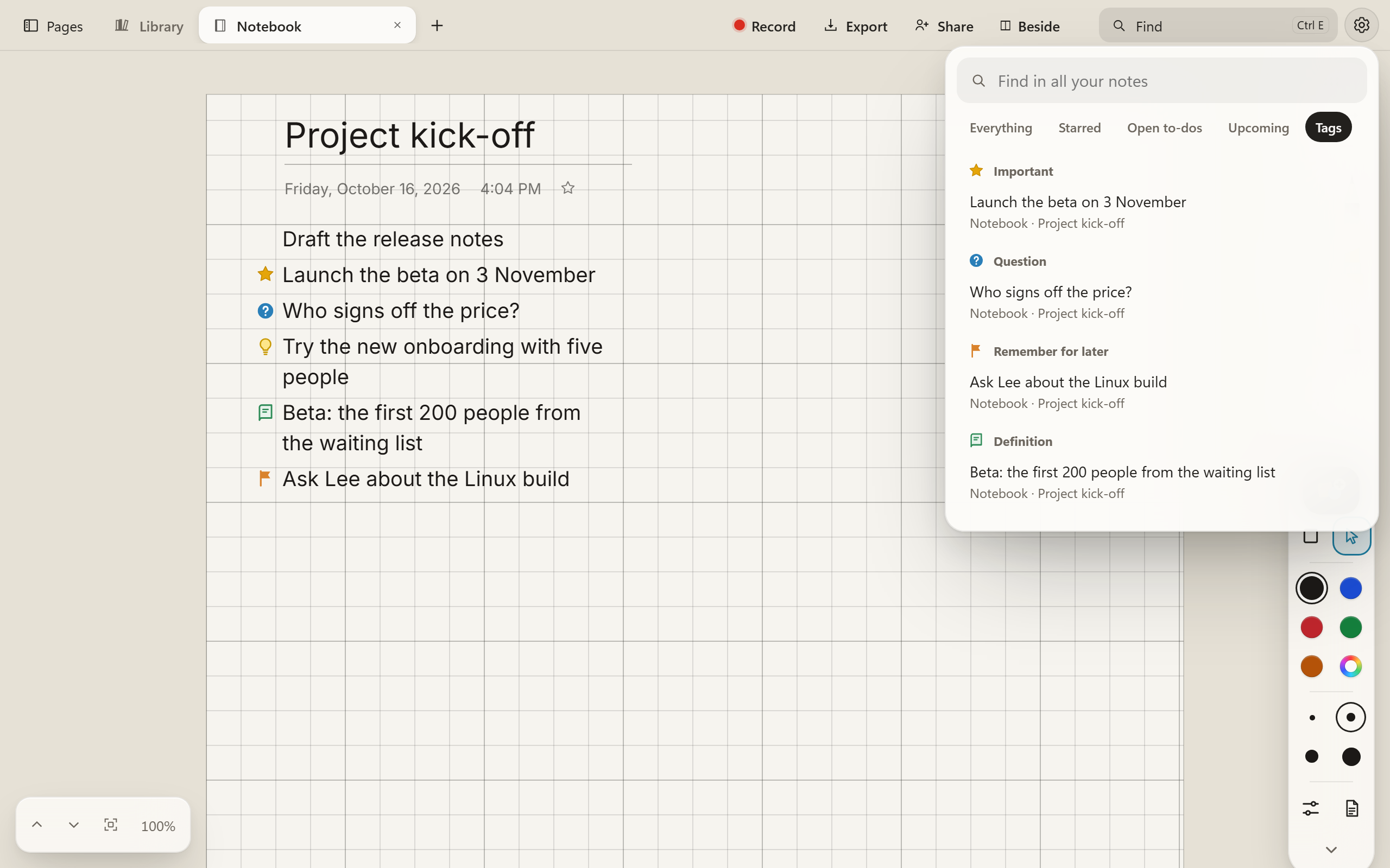 A page titled Project kick-off with six typed lines, five of them tagged with a star, a question mark, a light bulb, a definition mark and a flag. Find is open at Tags on the right, listing them under Important, Question, Remember for later and Definition, each with its notebook and page.