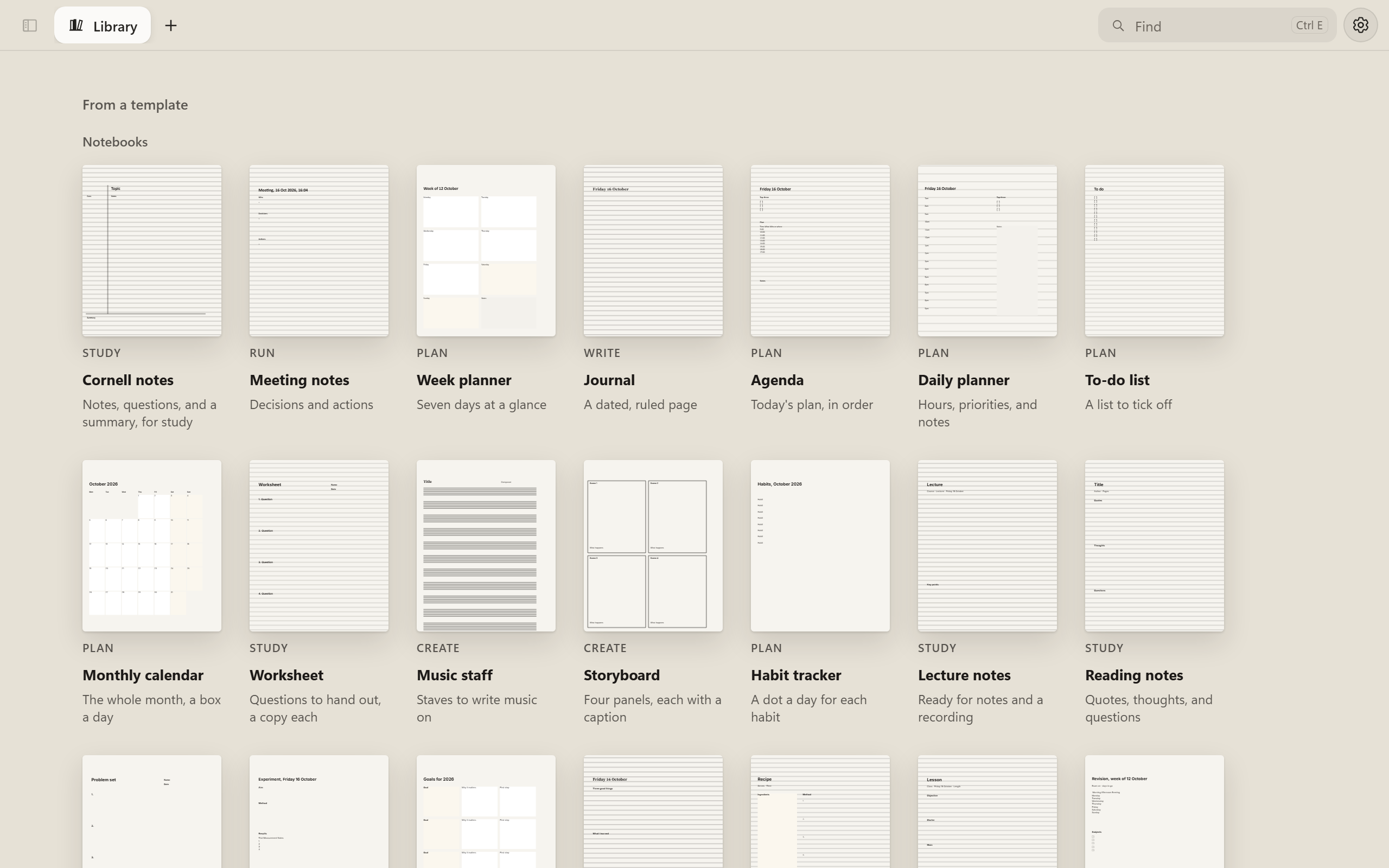 From a template, under Notebooks: rows of page pictures, each labelled with its group and name, among them Cornell notes, Meeting notes, Week planner, Journal, Agenda, Daily planner, To-do list, Monthly calendar, Worksheet, Music staff, Storyboard, Habit tracker, Lecture notes and Reading notes, each with a line on what it’s for.